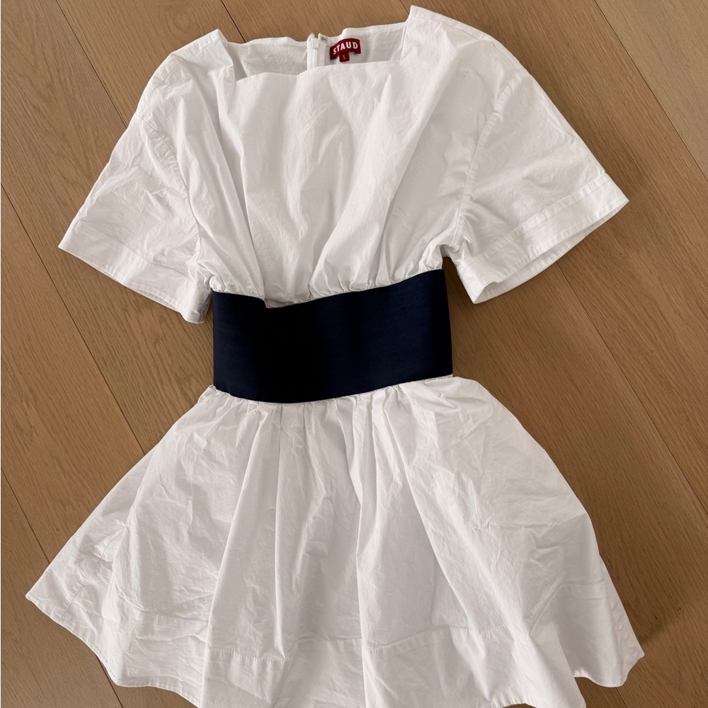 STAUD White Dress with Black Belt
